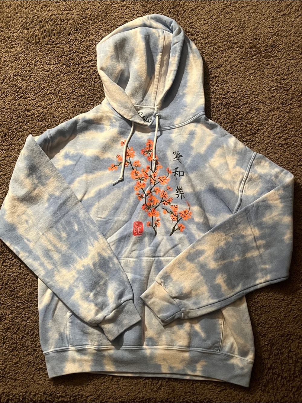 Light Blue Tie-Dye Crewneck Hoodie with Orange Blossom Embroidery